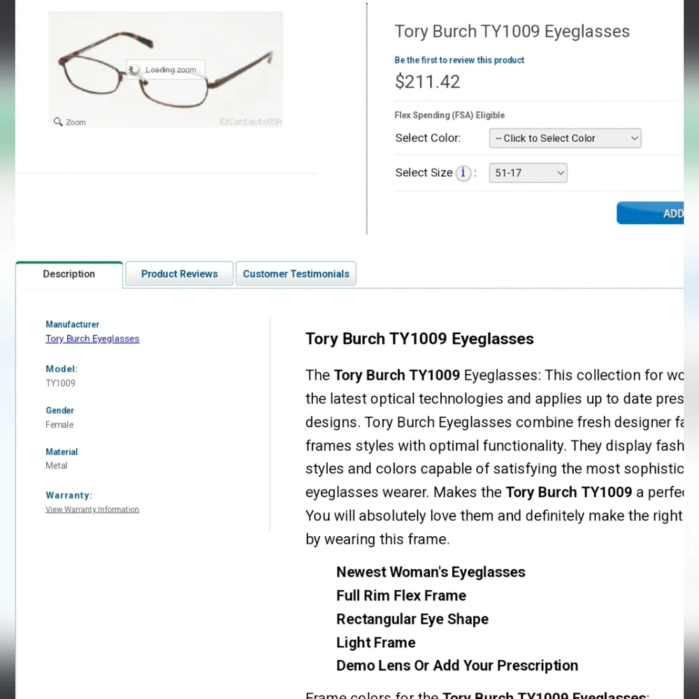 Tory Burch TY1009 Eyeglass Frames Only Metal Flex Hinges Designer Luxury #110